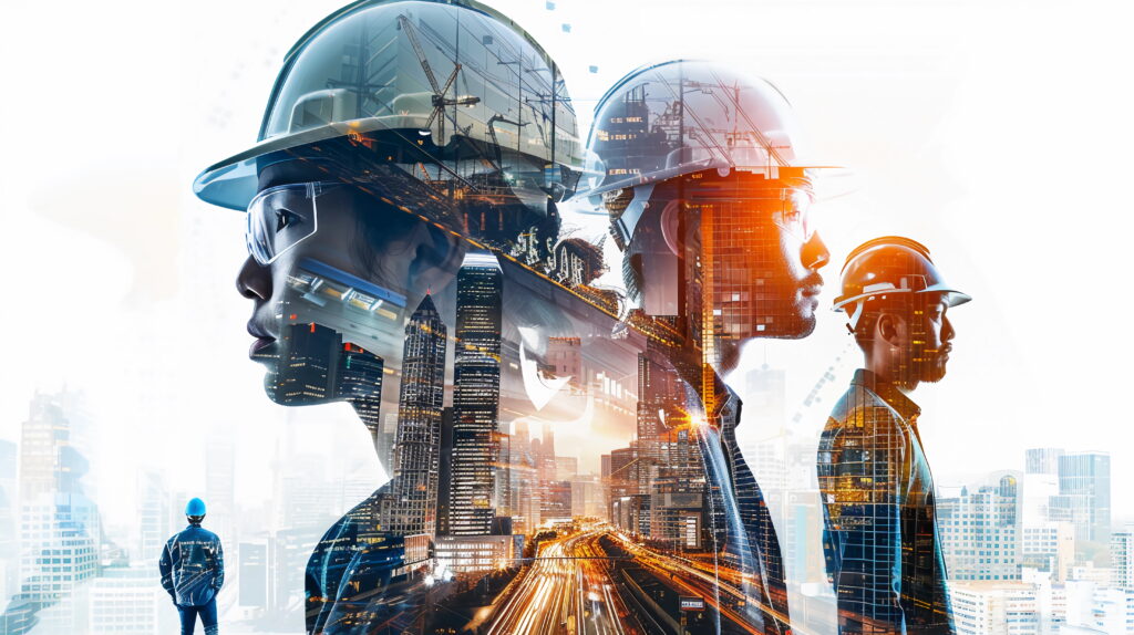 engineers at work architects double exposure generative ai